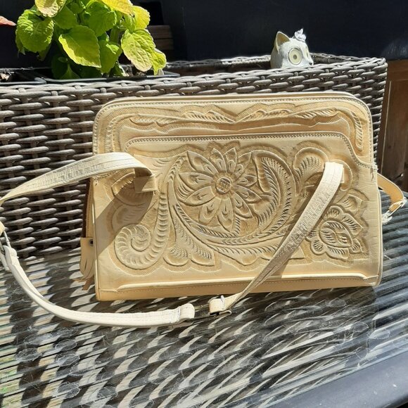 VINTAGE Hand Tooled Mexican Leather Purse Handbag Tan Floral 11" x 8" x 5" - Picture 4 of 16